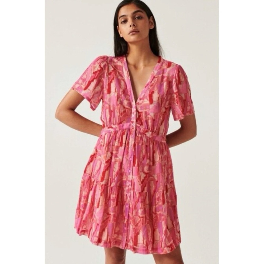 Ba&sh Talita Dress Rose Pink Abstract Print Mini V-Neck Button Front Size 1 NEW
